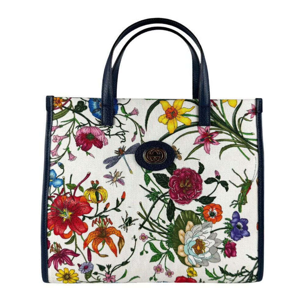 Gucci Flora Flower Canvas Leather Multicolor 2Way Shoulder Bag Navy Blue